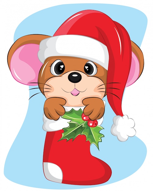 サンタの帽子と靴下でマウスのクリスマスイラスト プレミアムベクター