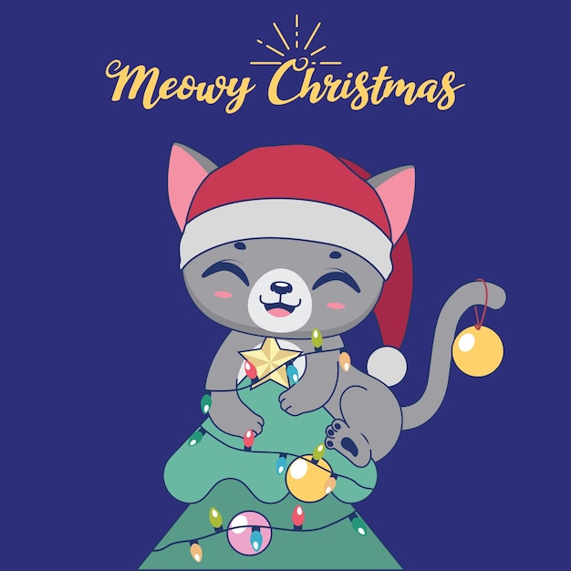 木の上にかわいいいたずら猫とクリスマスのイラスト  プレミアムベクター