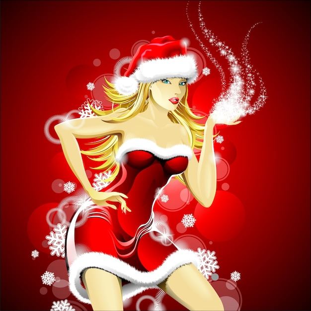 サンタクロースの服を着て美しいセクシーな女の子とクリスマスのイラスト プレミアムベクター