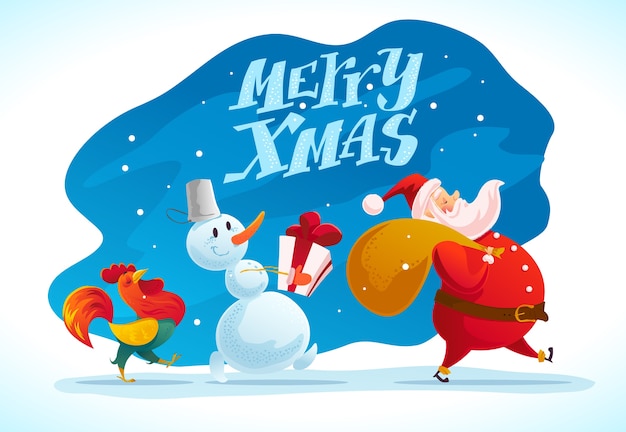 雪だるま サンタクロース オンドリの面白いキャラクターの肖像画のクリスマスイラスト 新年あけましておめでとうございます メリークリスマス要素 お祝いカード プレミアムベクター