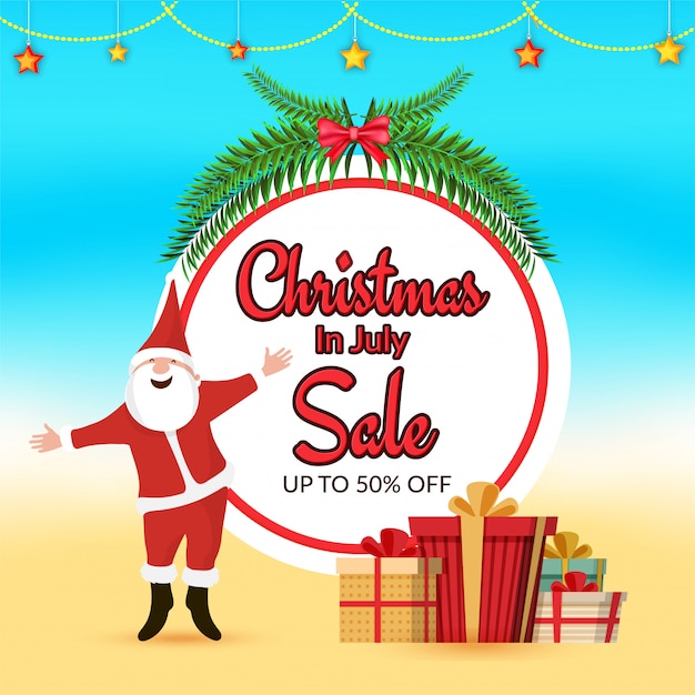 Christmas in July Sale Banner Design with Santa Claus. Vector Premium