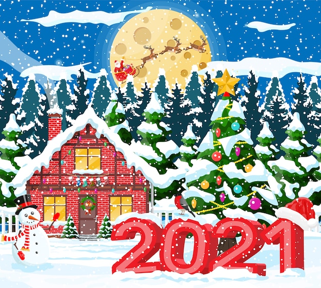 クリスマス風景ツリートウヒと雪だるま プレミアムベクター