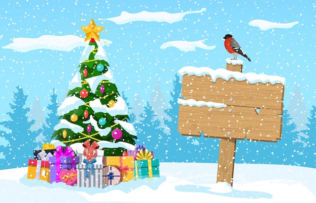 ツリー ギフトボックス ウソ鳥と木製の道標のクリスマス風景 モミの木の森と雪のある冬景色 新年のお祝いクリスマス休暇 プレミアムベクター