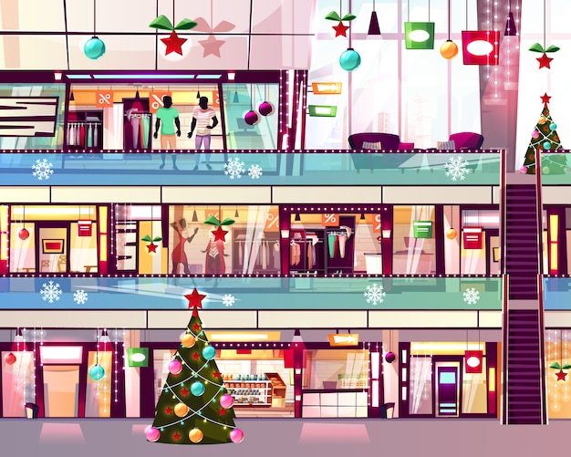 クリスマス商店店エスカレーター階段のブティックとクリスマスツリーのイラスト 無料のベクター