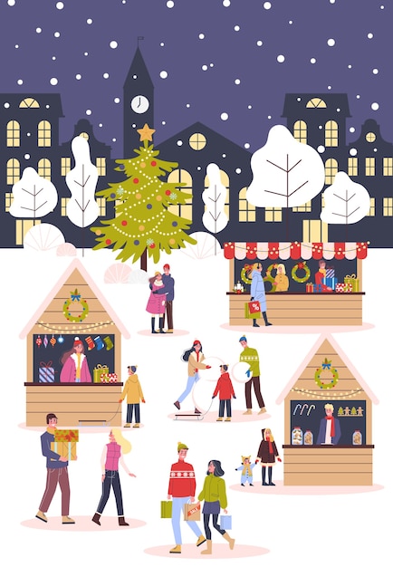 Download Premium Vector Christmas Market Illustration Festive Food And Holiday Decoration Big Christmas Tree With Traditional Decoration People Buying Christmas Presents Having Fun Outside Yellowimages Mockups