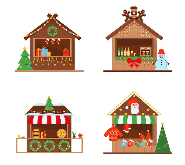 Premium Vector Christmas Market Stalls Or Wooden Kiosks Set Winter