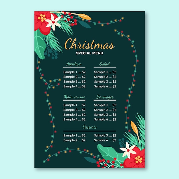 Christmas menu template design Free Vector - Green Background and Poinsettia and Lights Border