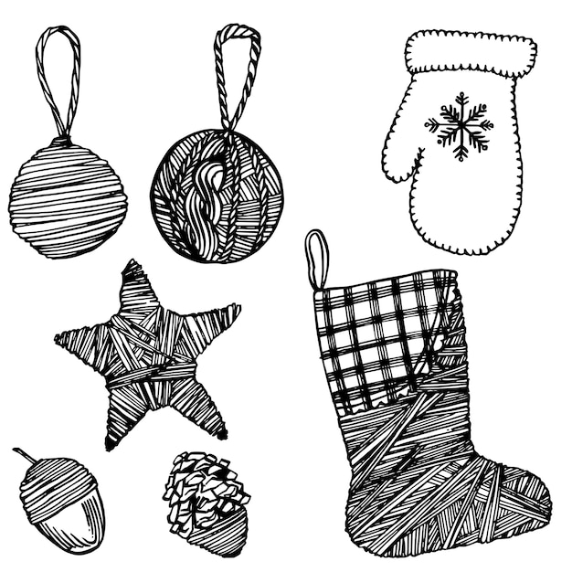 クリスマスミトン 靴下 星 コーン 手描きイラスト 新年とクリスマスのデザイン要素 ヴィンテージのイラスト プレミアムベクター