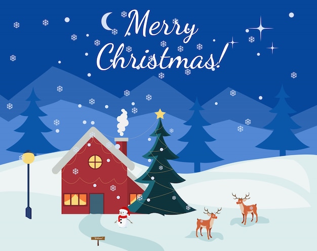 Christmas night landscape card Premium Vector
