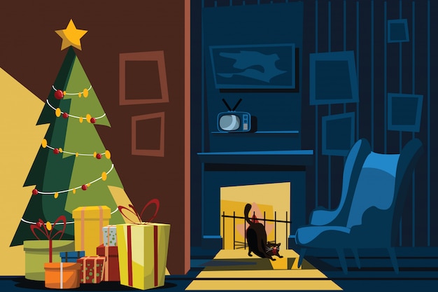 Download Premium Vector Christmas Night In Living Room Vector Illustration PSD Mockup Templates