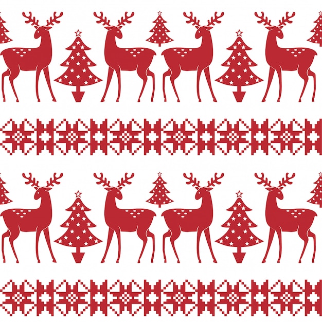Christmas nordic seamless pattern with trees and deer. Premium Vector