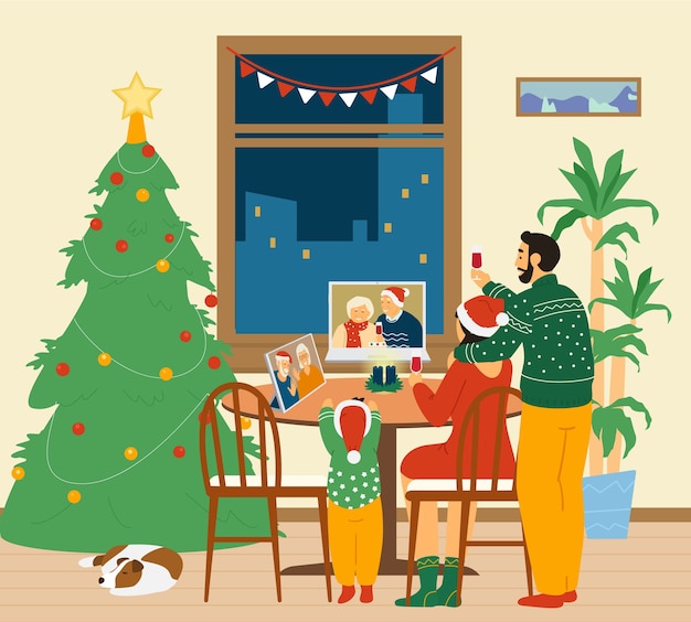 Premium Vector | Christmas online family party.