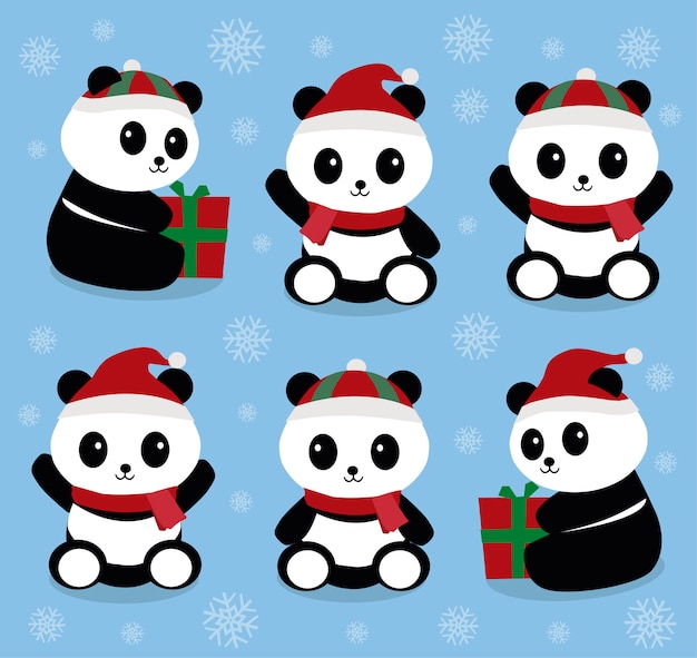 Christmas pandas Premium Vector