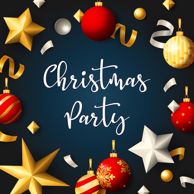 Download Free Vector Christmas Party Banner With Balls And Ribbons On Blue Background PSD Mockup Templates