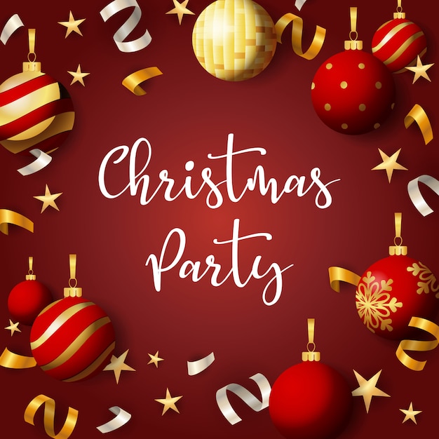 Free Vector | Christmas party banner with balls and ribbons on red ...