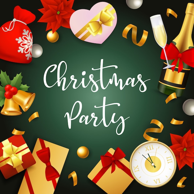 Free Vector | Christmas party banner with presents and ribbons on green