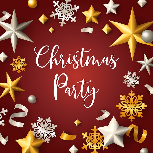 Free Vector | Christmas party banner with stars and flakes on red ...