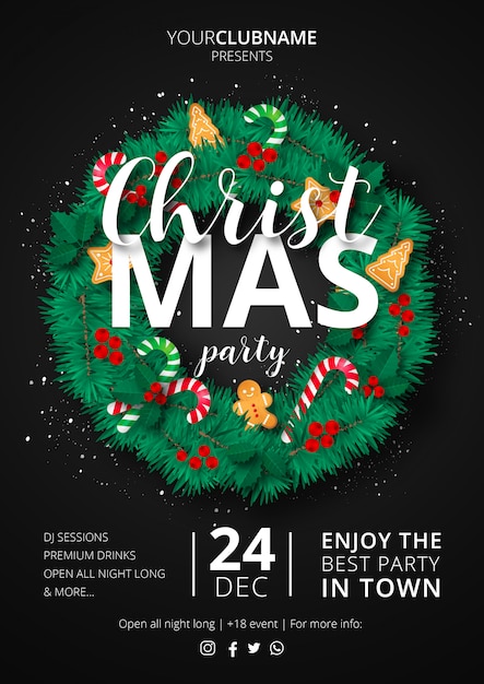 Christmas Party Poster with Ornamental Wreath Free Vector
