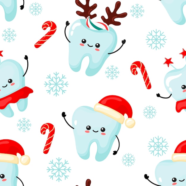 Christmas pattern with kawaii teeth. cartoon style Premium Vector