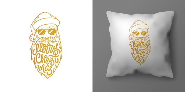 Premium Vector Christmas Pillowcase Design With Illustration Of Santa And Merry Christmas Lettering Christmas Golden Typography In Form Of Beard Of Santa Claus Template For Your Interior Design