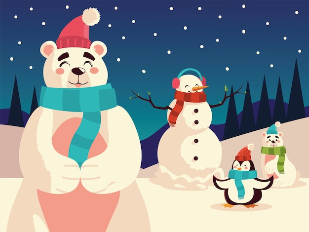 Premium Vector Christmas Polar Bears Snowman And Penguin In The Night