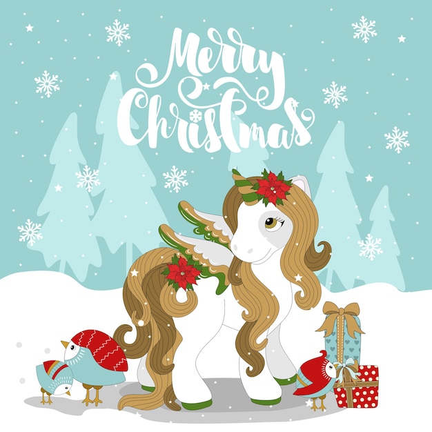 Premium Vector Christmas pony on a beautiful winter