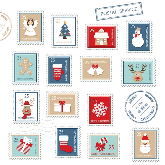 Premium Vector Christmas postal stamps set.