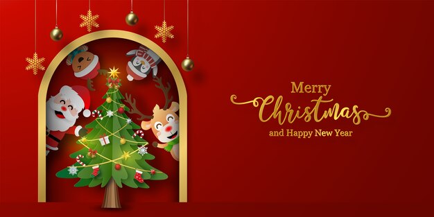サンタクロースとクリスマスツリーの友達のクリスマスポストカードバナー プレミアムベクター