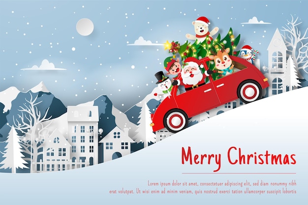  Christmas postcard of santa claus and friend in xmas car in the village Premium Vector