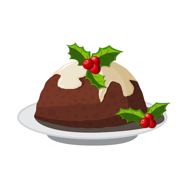 Christmas pudding with holly berry cartoon | Premium Vector