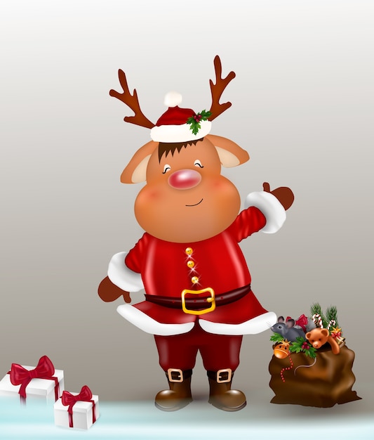 クリスマスのトナカイ キュートで面白いキャラクターの鹿 クリスマスカード プレミアムベクター
