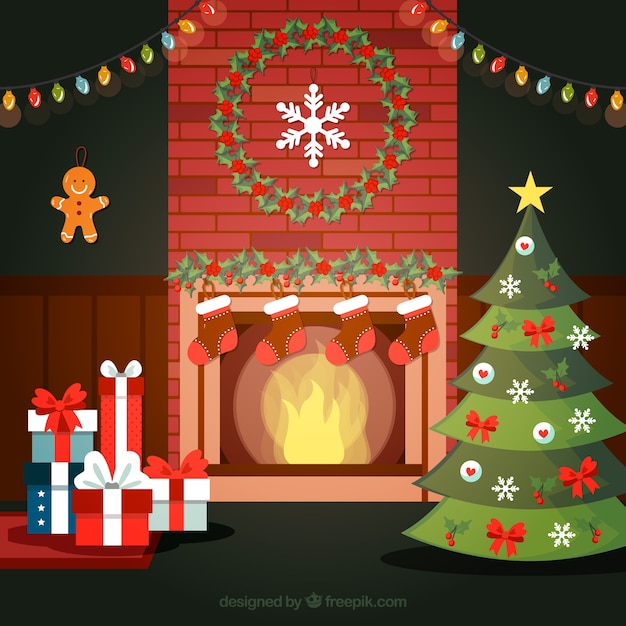 Christmas room with a fireplace | Free Vector
