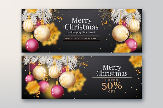 Christmas sale banner pack Free Vector - Dark Background With Beautiful Hanging Baubles