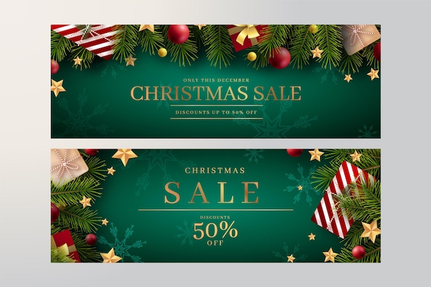 Christmas sale banner pack Free Vector - Green Background with Gifts and Ferns and Stars