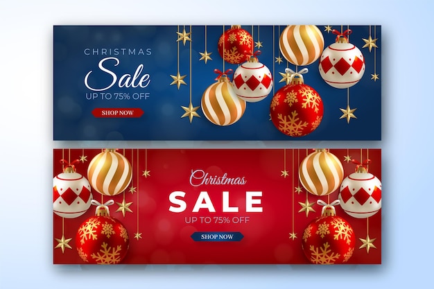 Christmas sale banner pack Free Vector - Blue and Red Background With Hanging Baubles