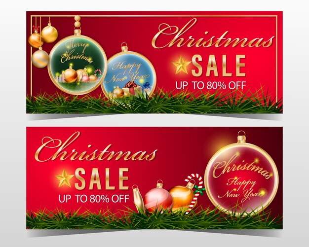 Christmas sale banner set with decoration element | Premium Vector