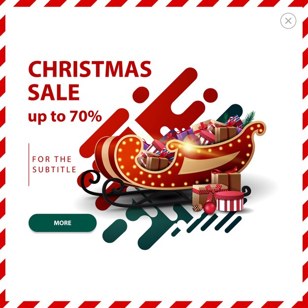 Christmas sale banner, up to 70% off, red and green discount pop up with abstract liquid shapes and santa sleigh with presents. Premium Vector