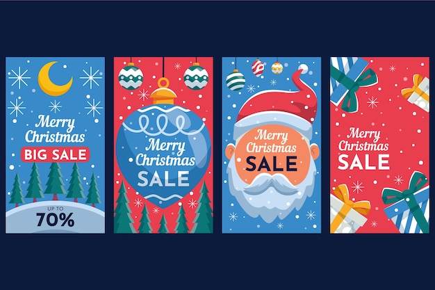 Christmas sale Instagram stories collection Free Vector Design- Trendy Designs in Red and Blue