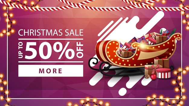 Christmas sale, pink discount banner with garlands, button and santa sleigh Premium Vector
