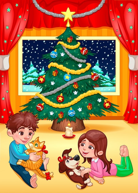 Free Vector | Christmas scene with children and pets cartoon vector illustration