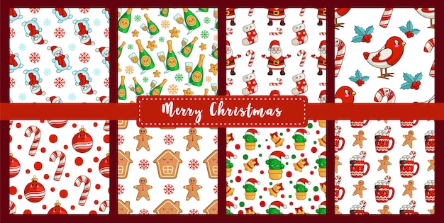 Premium Vector Christmas Seamless Pattern Set Kawaii New Year Bullfinch Snowman Candy Cane Gingerbread Man