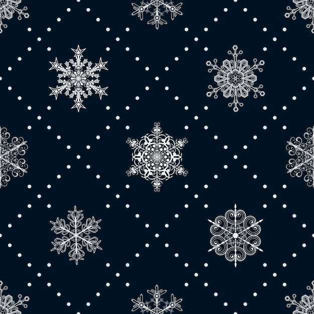 Premium Vector Christmas Seamless Pattern Of Snowflakes And Dots White On Dark Blue