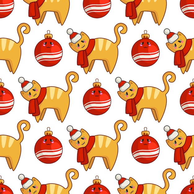 Christmas seamless pattern with kawaii red cat or kitten dressed in santa hat and scarf, decorative balls Premium Vector