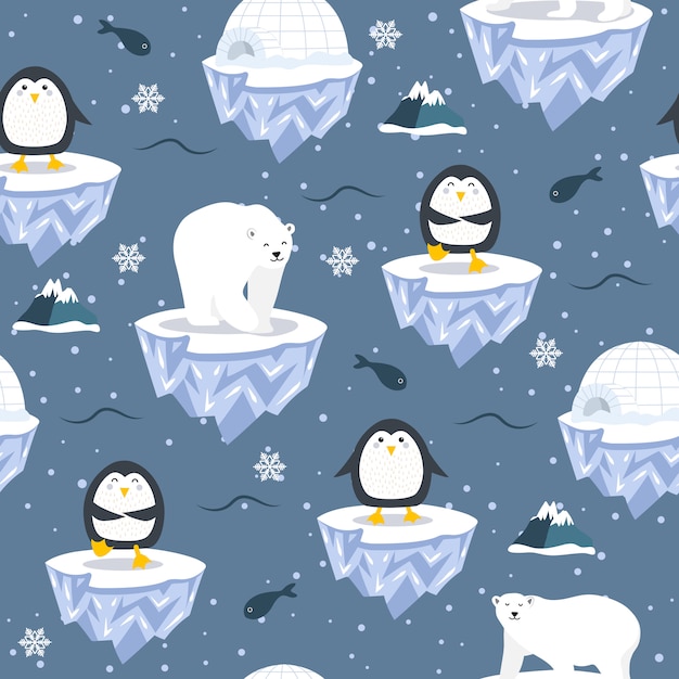 流氷上のペンギンとクリスマスのシームレスパターン プレミアムベクター