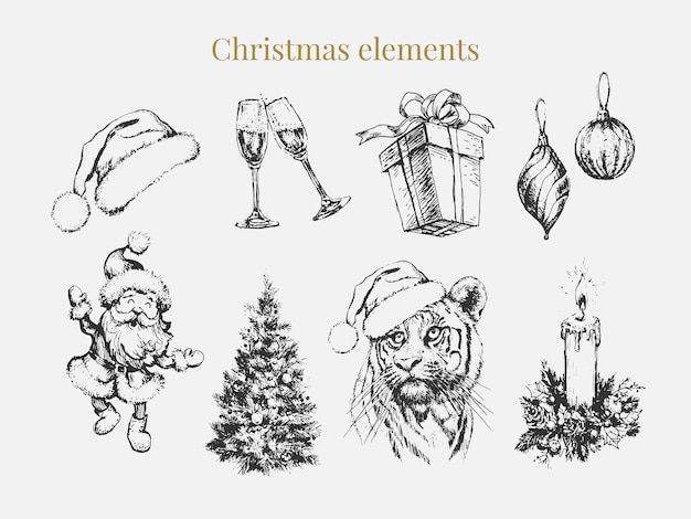 Christmas 2022 Drawing Premium Vector | Christmas Set 2022 New Year And Christmas Symbols,  Christmas Tree, Tiger, Santa, Cone, Cinnamon, Glasses, Candle, Toys, Gifts,  Sketch Illustrations.vector.