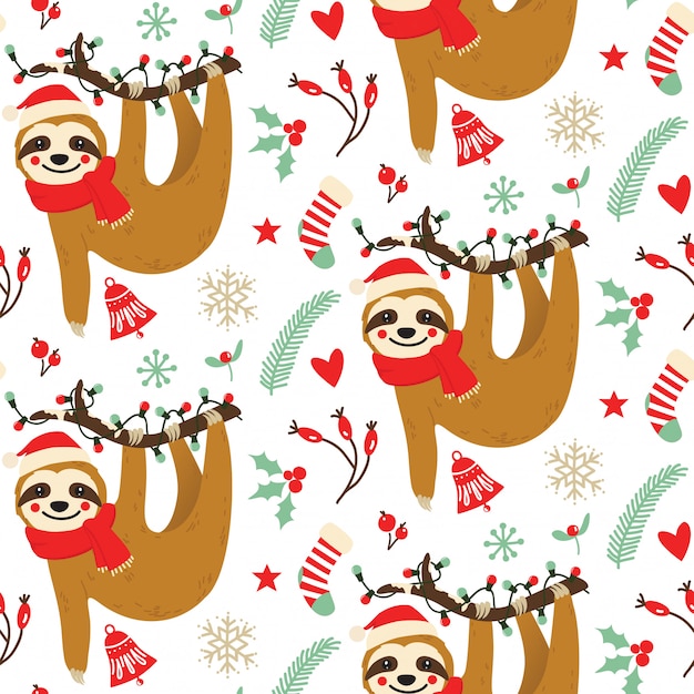 Download Christmas sloth seamless pattern Vector | Premium Download