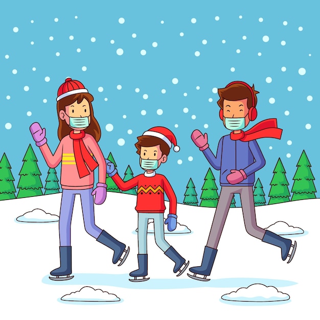 Download Free Vector | Christmas snow scene with family wearing masks