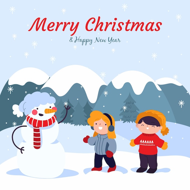 Free Vector | Christmas snow scene with kids and snowman