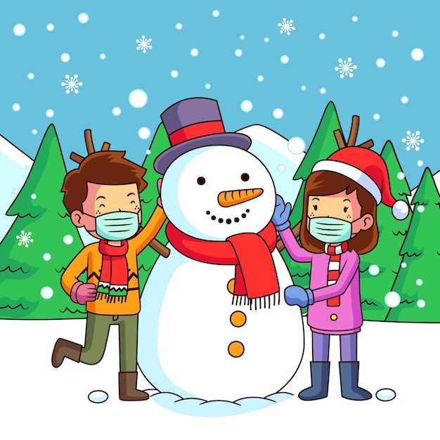 Download Free Vector | Christmas snow scene with poeple wearing masks