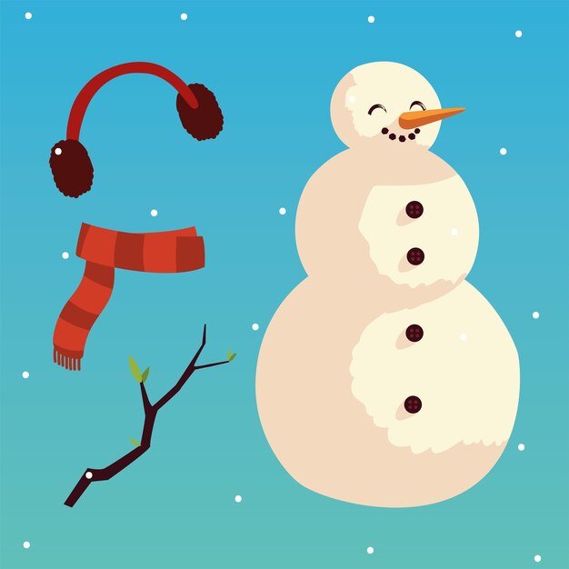 クリスマス雪だるまイヤーマフスカーフと枝雪イラスト プレミアムベクター